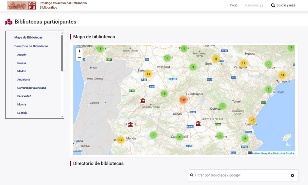 Mapa interactivo bibliotecas Catálogo Colectivo del Patrimonio Bibliográfico