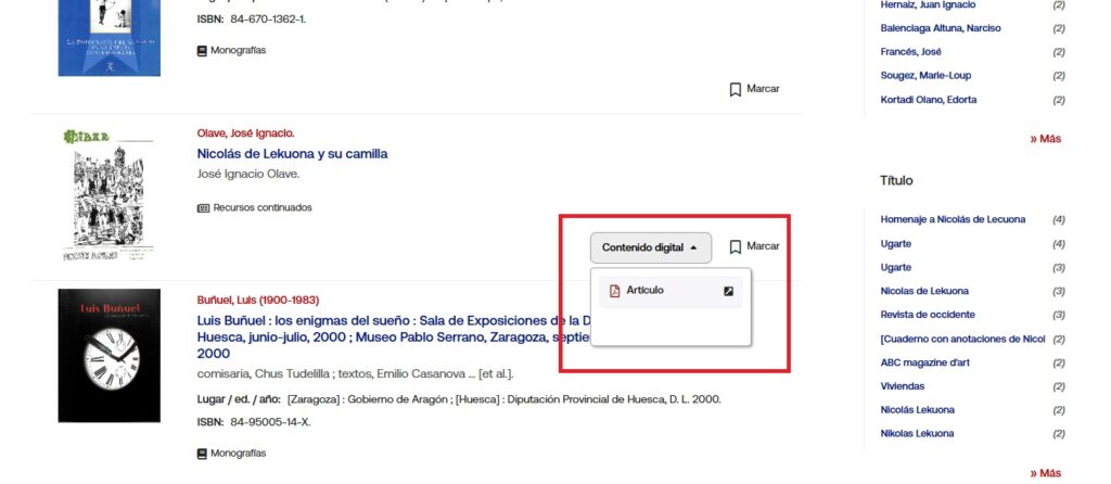 Objeto digital integrado en lista de resultados